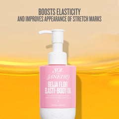 Sol de Janeiro Beija Flor Elasti-Body Oil label close-up hints at premium elasticity support.