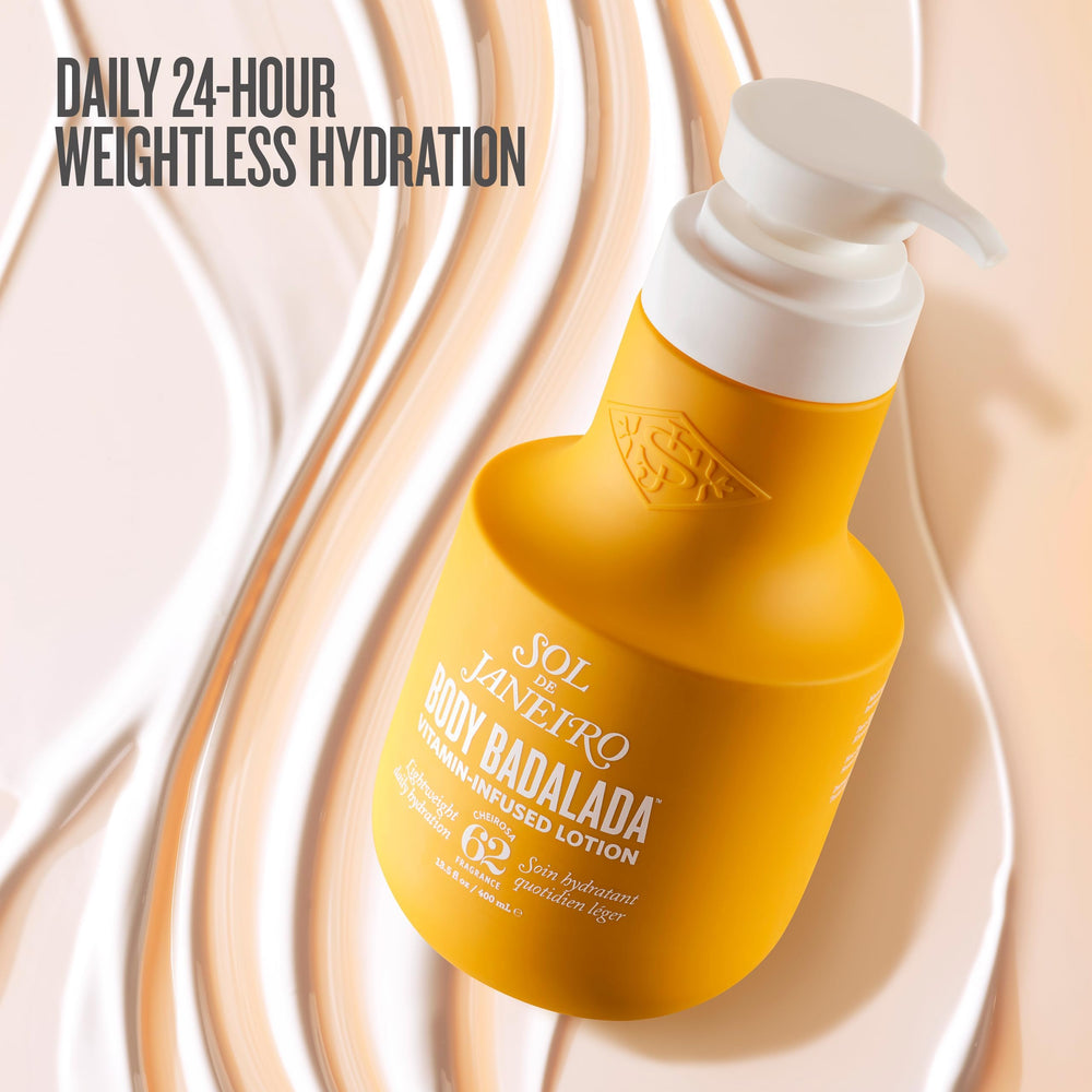 Sol de Janeiro lotion pump close-up highlighting weightless hydration texture.