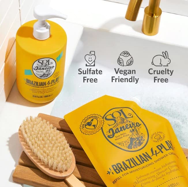 Sol de Janeiro Brazilian Play refill pouch shown beside jumbo bottle.