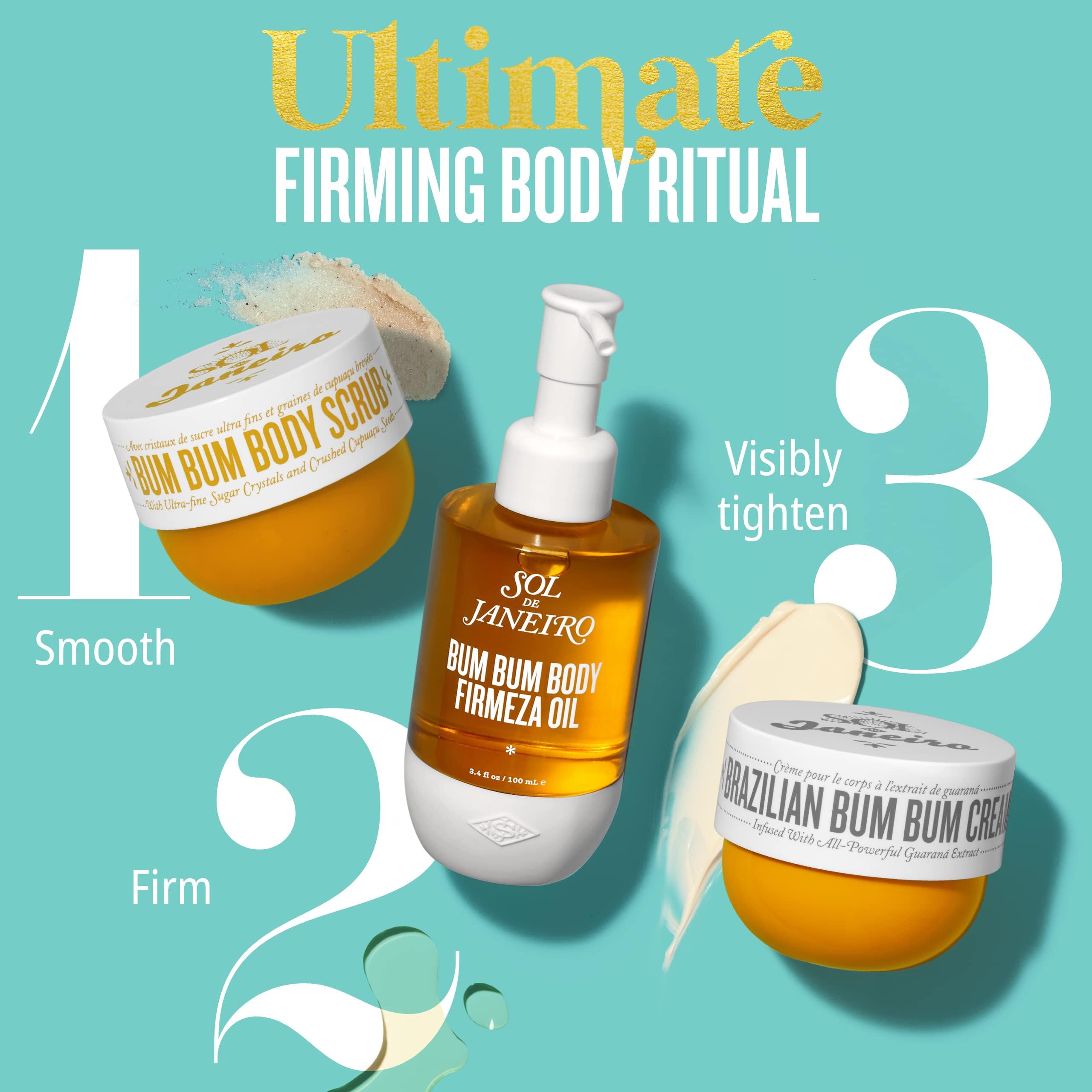 Sol de Janeiro Bum Bum Firmeza Oil bottle highlights quick-absorbing hydration for soft skin.