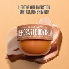 Sol de Janeiro shimmering cream on skin creates a soft golden glow.