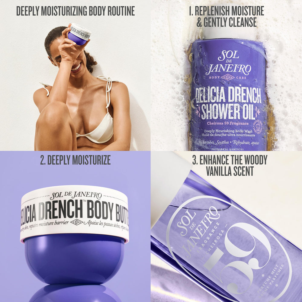 Vanilla orchid and sandalwood aroma swirl with Delicia Drench for comforting scent.