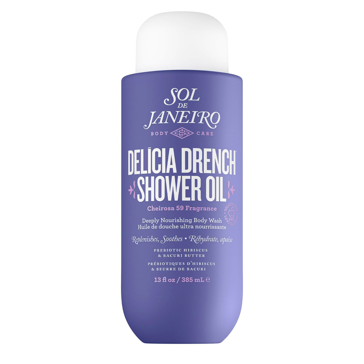 Sol de Janeiro Delicia Drench shower oil bottle pour nourishes skin.