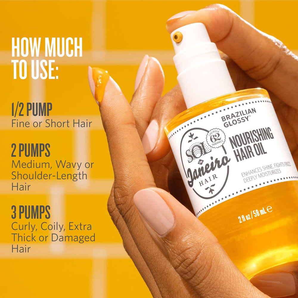 Sol de Janeiro Glossy Nourishing Hair Oil on dry ends for smoothness.
