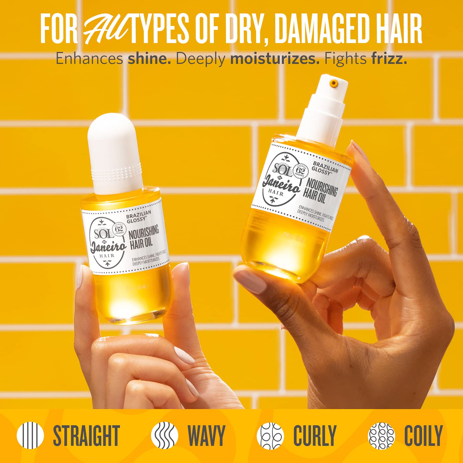 Sol de Janeiro Glossy Nourishing Hair Oil pump bottle for even distribution.