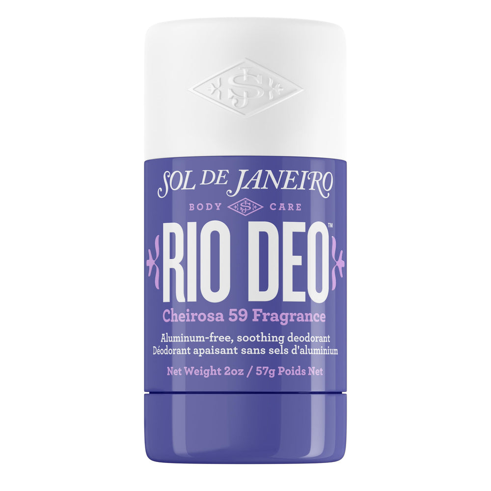 Sol de Janeiro Rio Cheirosa 59 deodorant bottle front highlighting aluminum-free formulation for smooth daily use.