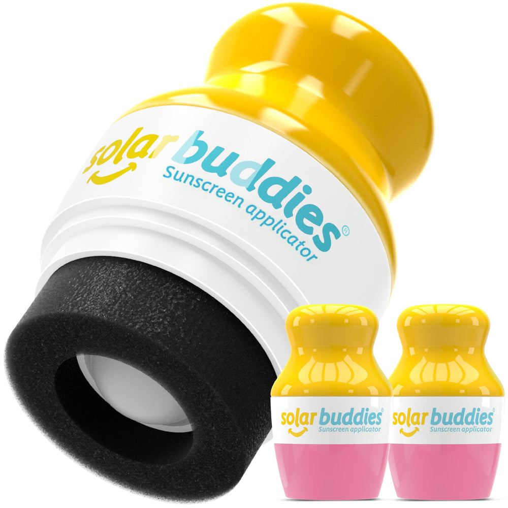 Solar Buddies sunscreen applicator in pink pack, easy to apply on the go