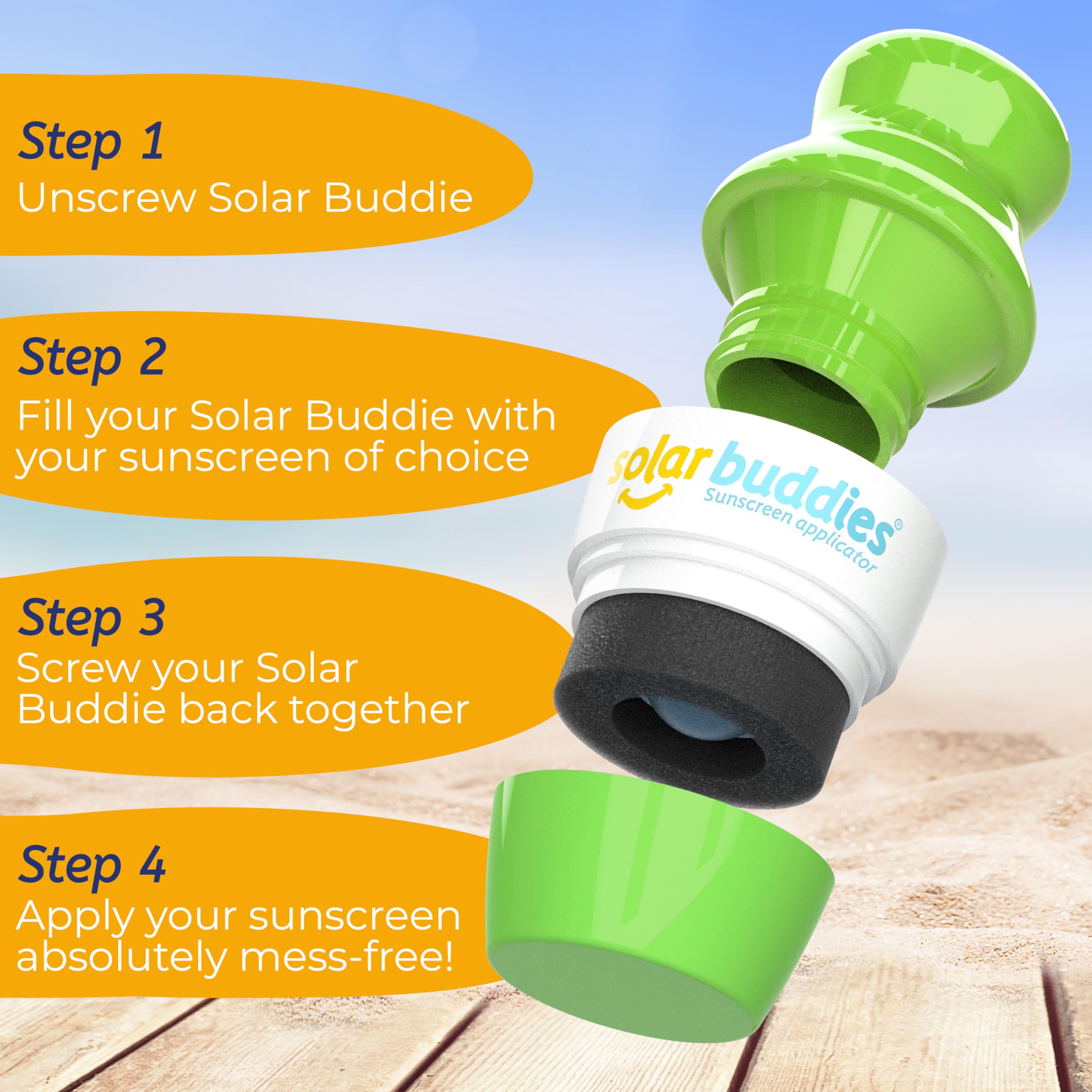 Solar Buddies green applicator highlights the 100 ml indicator for travel planning