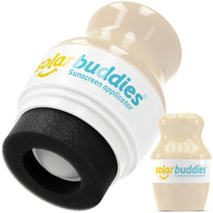 Solar Buddies sunscreen applicator cap close-up shows secure seal for travel