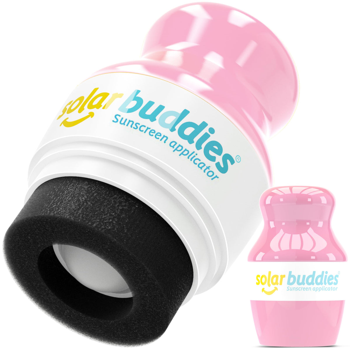 Solar Buddies sunscreen applicator full pink, compact travel-friendly design for family sun protection.