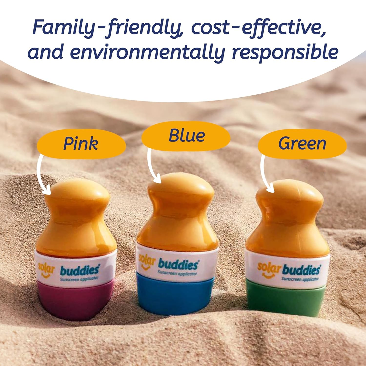 Solar Buddies in kid-friendly use scene promoting mess-free sunscreen application.