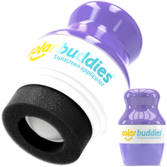 Solar Buddies purple sunscreen applicator front view, compact travel size for families.
