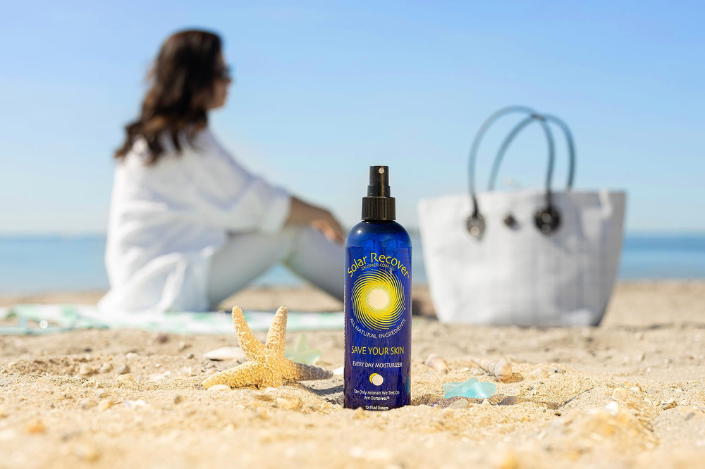 Solar Recover Save Your Skin mist being sprayed for quick skin hydration.