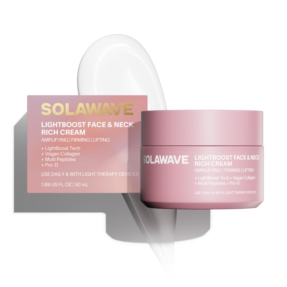 Solawave LightBoost Rich Cream on face and neck delivers hydration and firming.