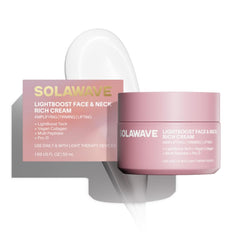 Solawave LightBoost Rich Cream on face and neck delivers hydration and firming.