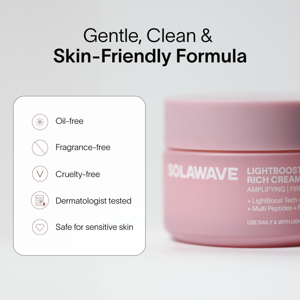 Solawave LightBoost Rich Cream delivers hydration and glow after use.