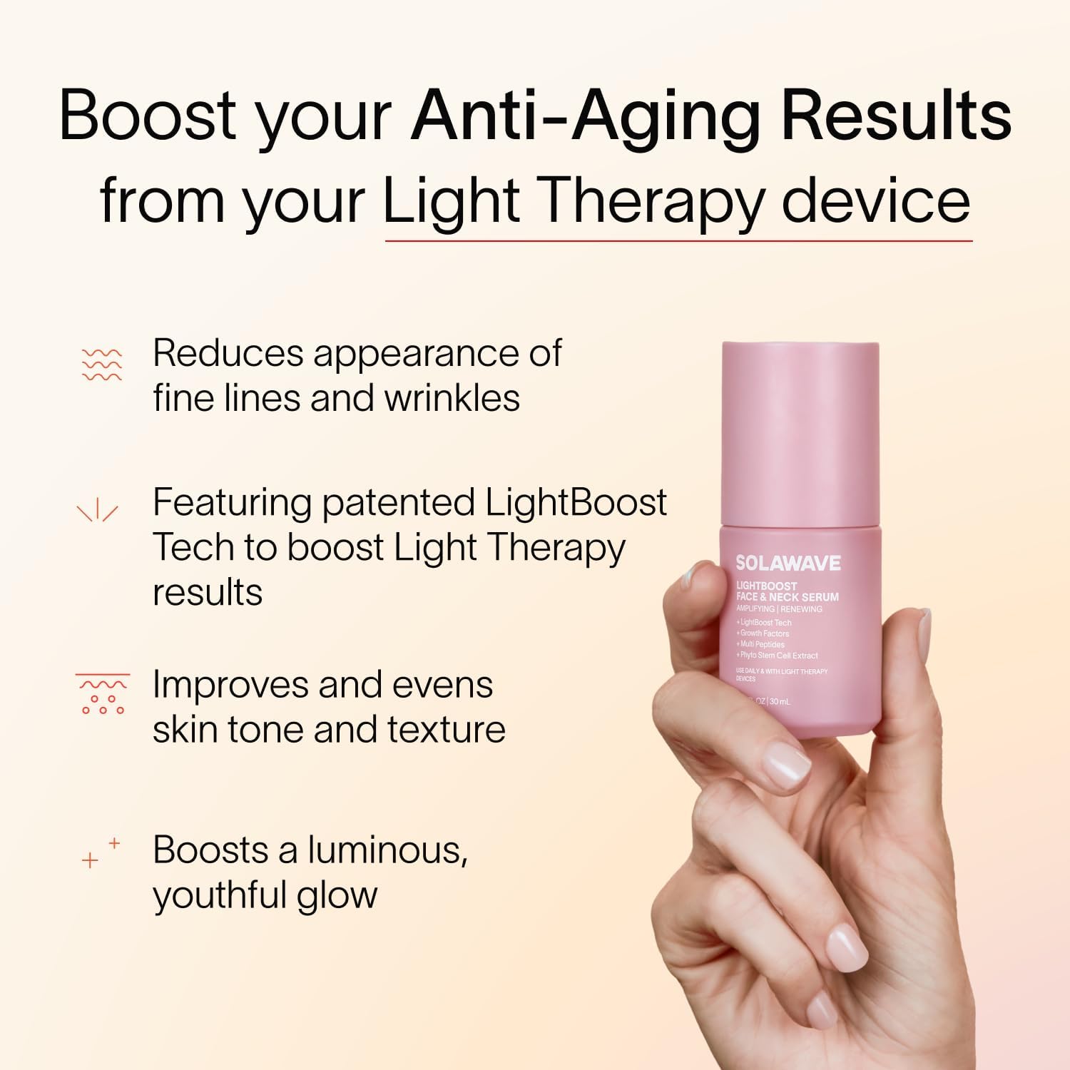 Solawave LightBoost dropper action highlighting precise application and hydration benefits.