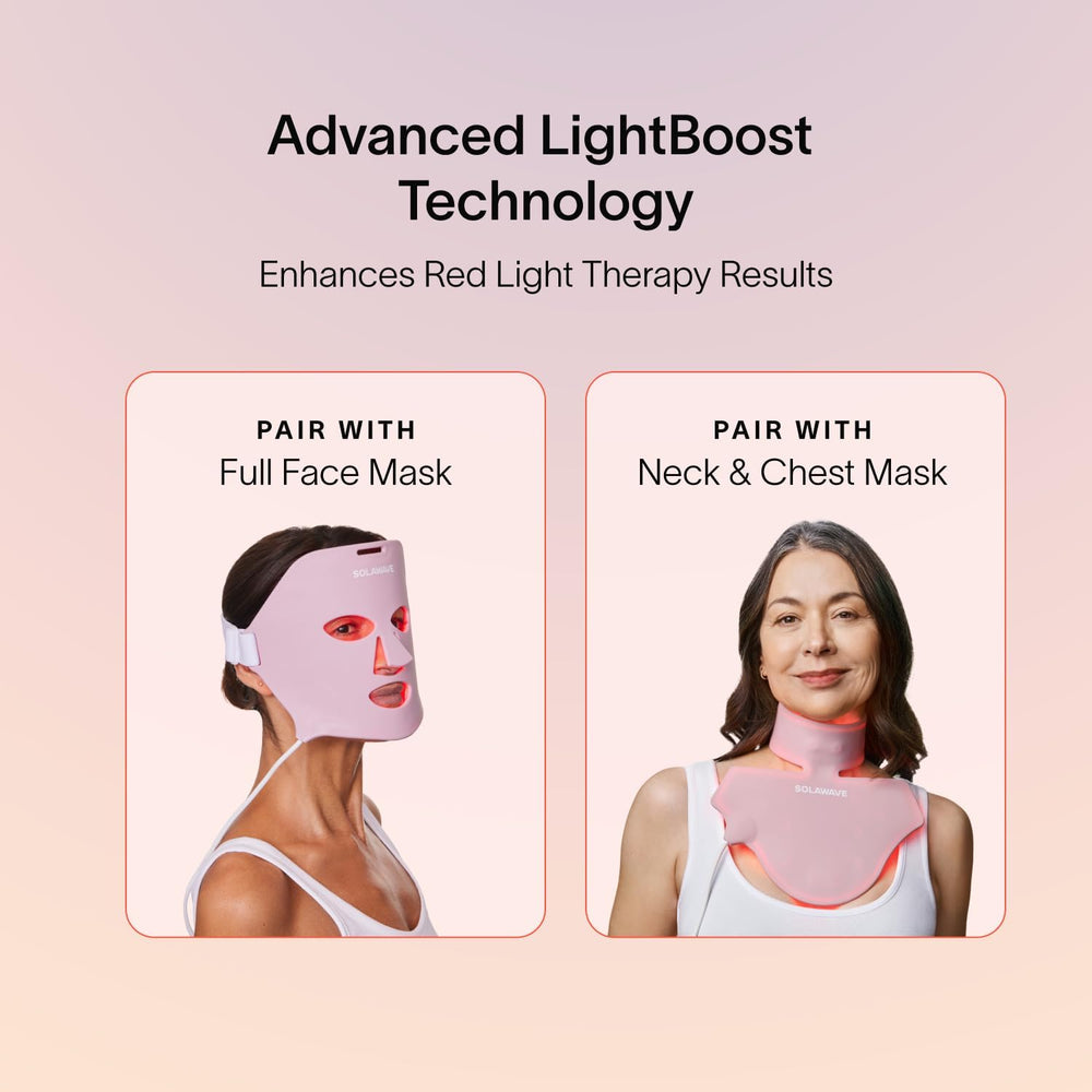 Solawave LightBoost neck application shows coordinated care for face and neck.