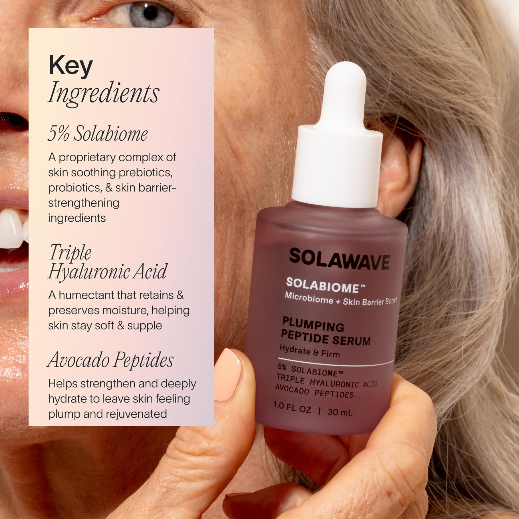 Solawave Plumping Peptide Serum label details emphasize clean, dermatologist-tested formula.
