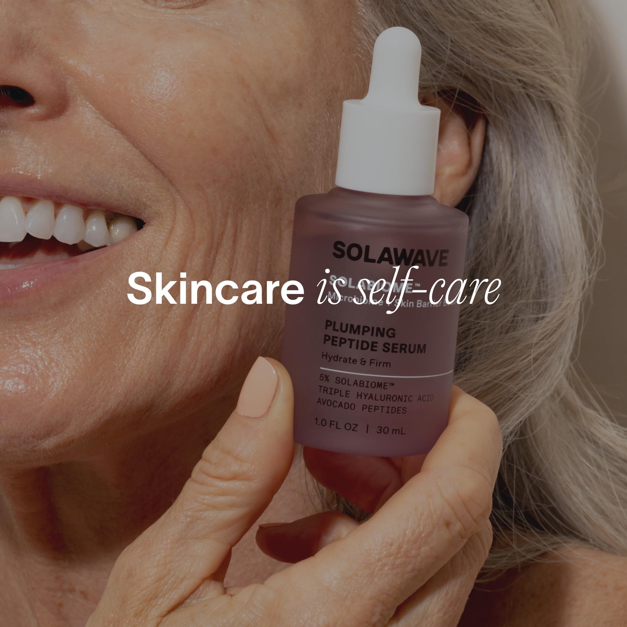 Solawave Plumping Peptide Serum with moisturizer pairing suggests complete skincare ritual.