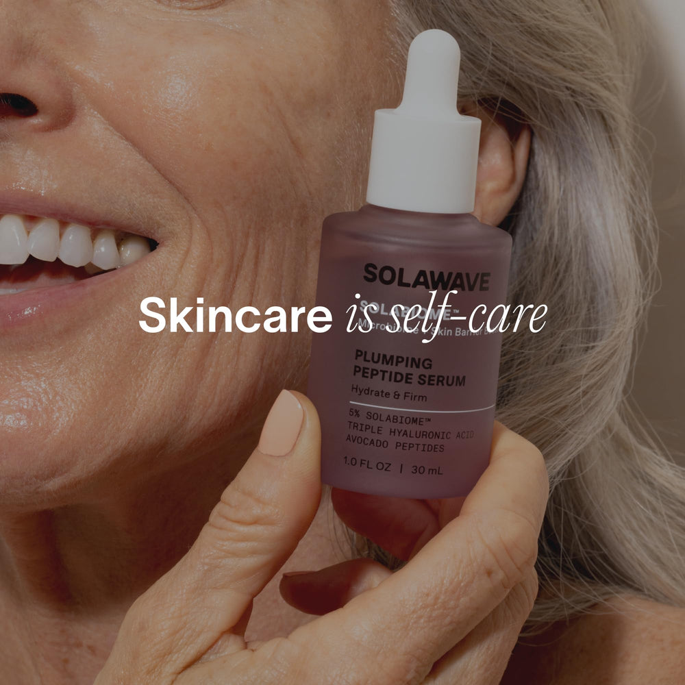 Solawave Plumping Peptide Serum with moisturizer pairing suggests complete skincare ritual.