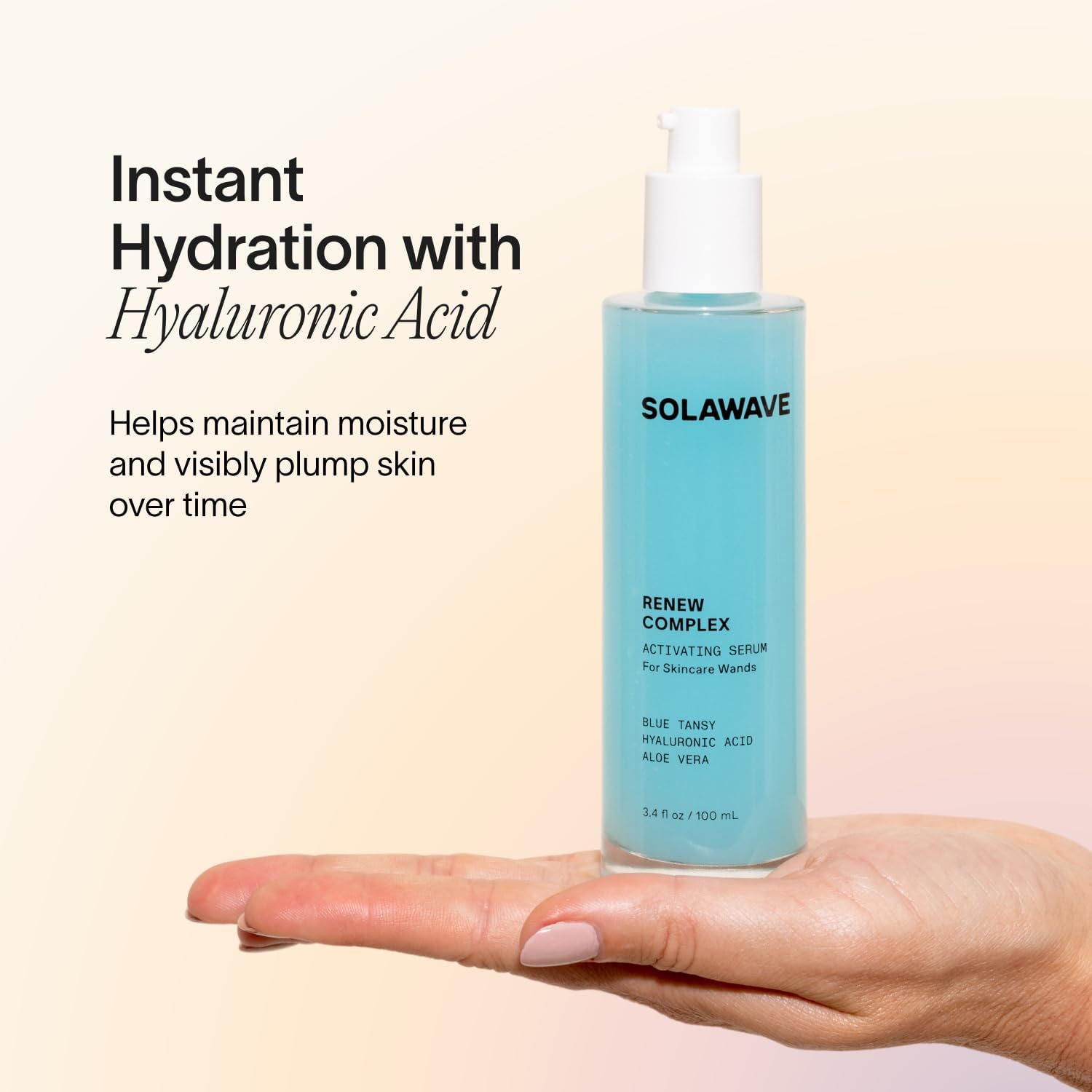 Solawave Renew Complex hyaluronic acid droplets illustrate deep, lasting moisture.