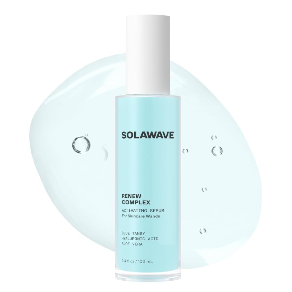 Solawave Renew Complex Serum bottle close-up highlighting hydration and priming for devices.