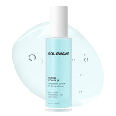 Solawave Renew Complex Serum bottle close-up highlighting hydration and priming for devices.