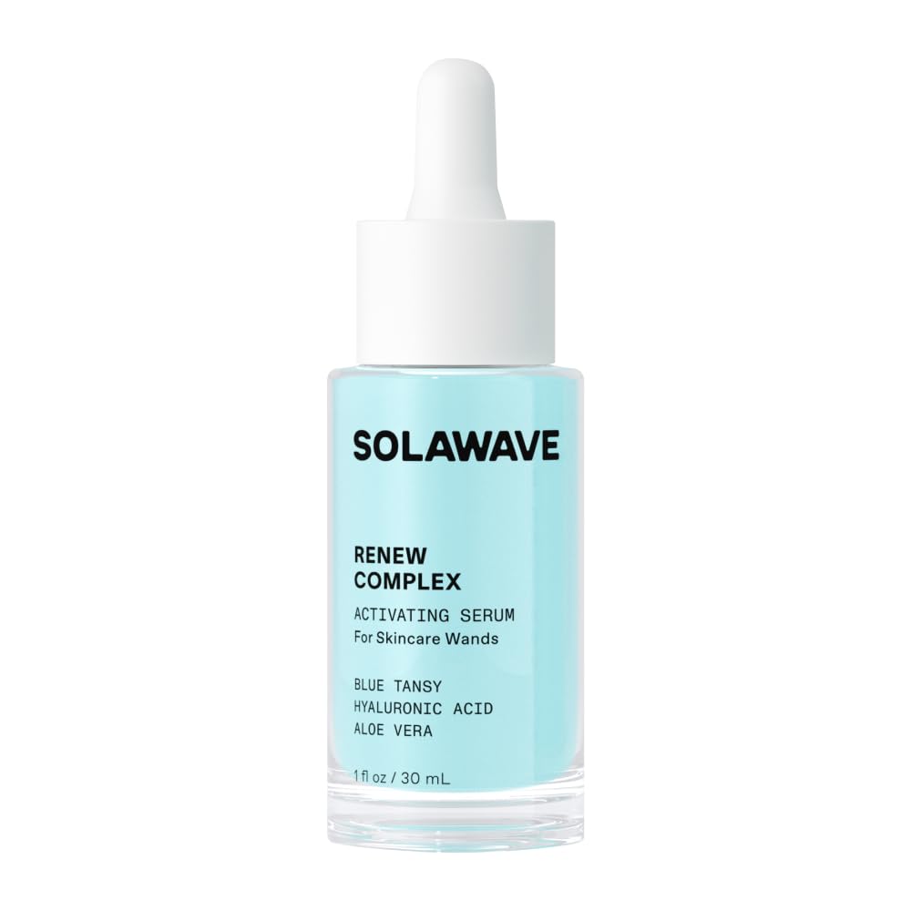 Solawave Renew Complex serum bottle highlights hydration for radiant skin.