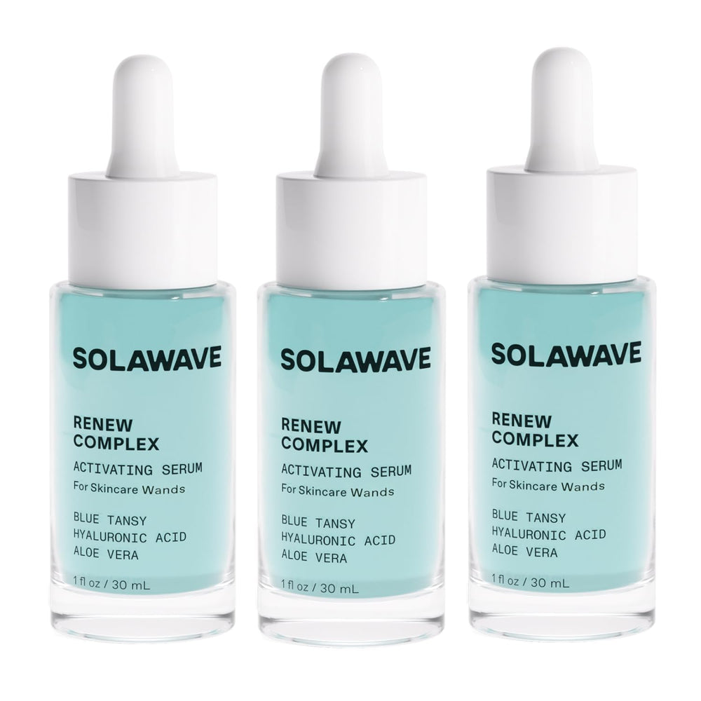 Solawave Renew Complex serum bottle ready for daily skin hydration and prep.