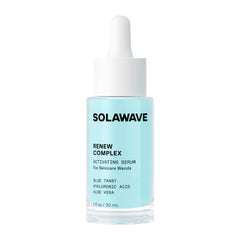 Solawave Renew Complex serum bottle highlights hydration for radiant skin.