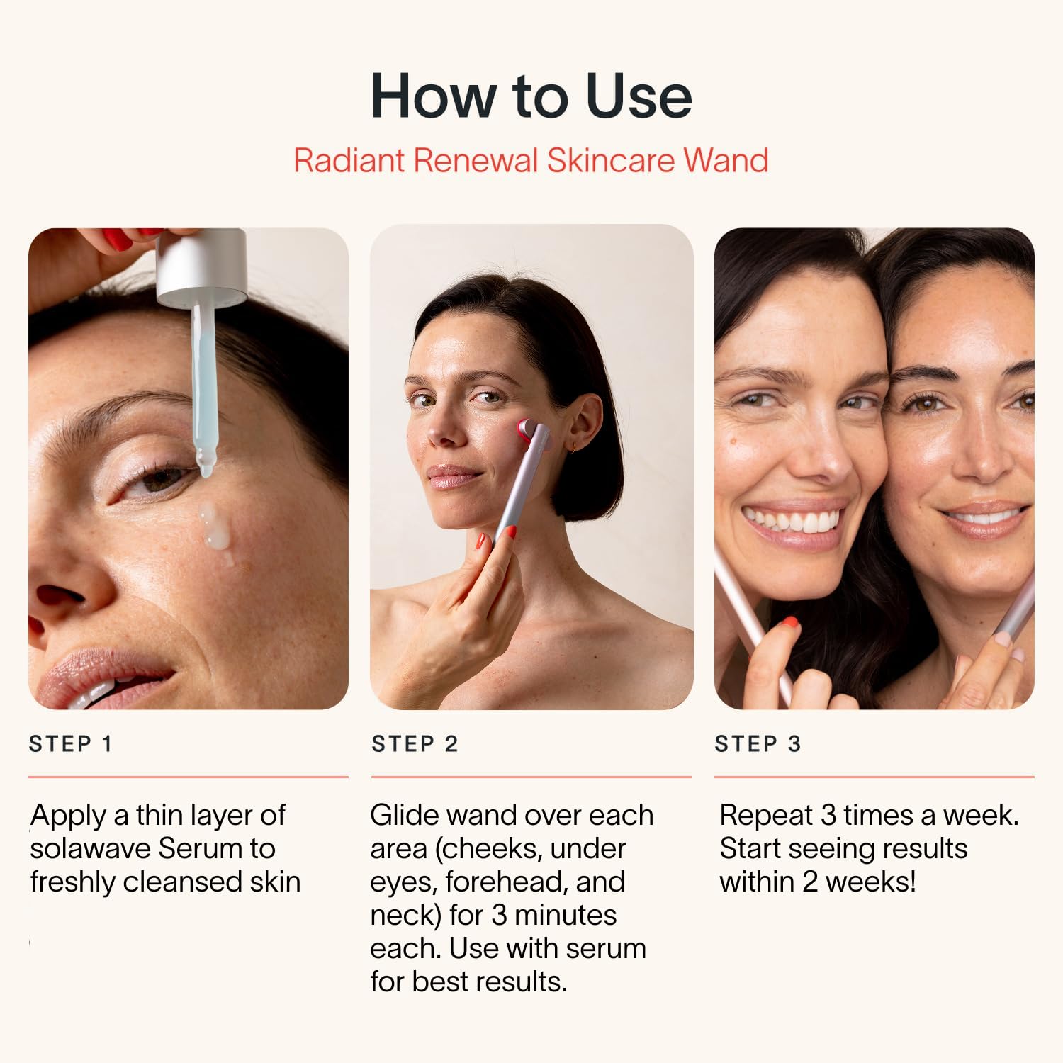 Solawave wand facial areas including forehead cheeks and neck.
