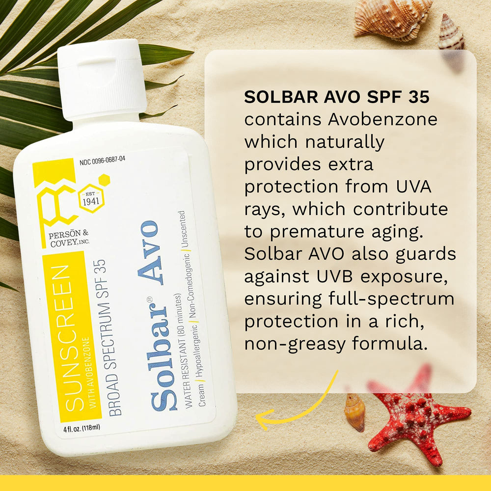 Solbar AVO SPF 35 sunscreen packaging highlights 4 oz bottle