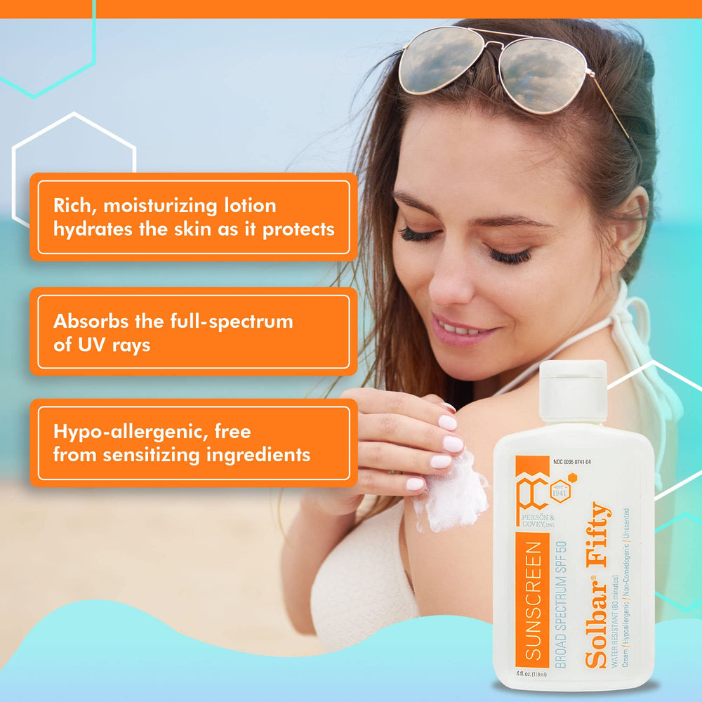 Solbar Fifty SPF 50 label indicating broad spectrum protection.