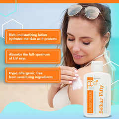 Solbar Fifty SPF 50 label indicating broad spectrum protection.