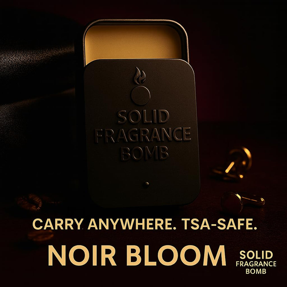 Solid Fragrance Bomb Noir Bloom packaging emphasizing portable daily-use fragrance.