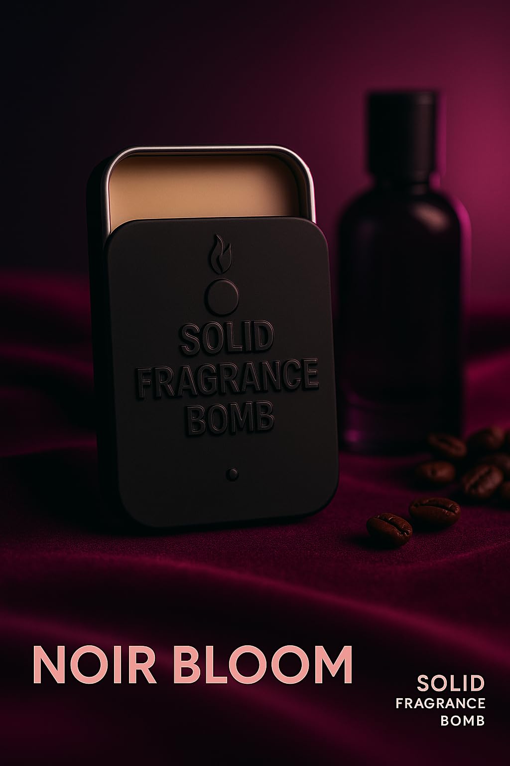 Solid Fragrance Bomb Noir Bloom tin highlighting travel-friendly packaging.
