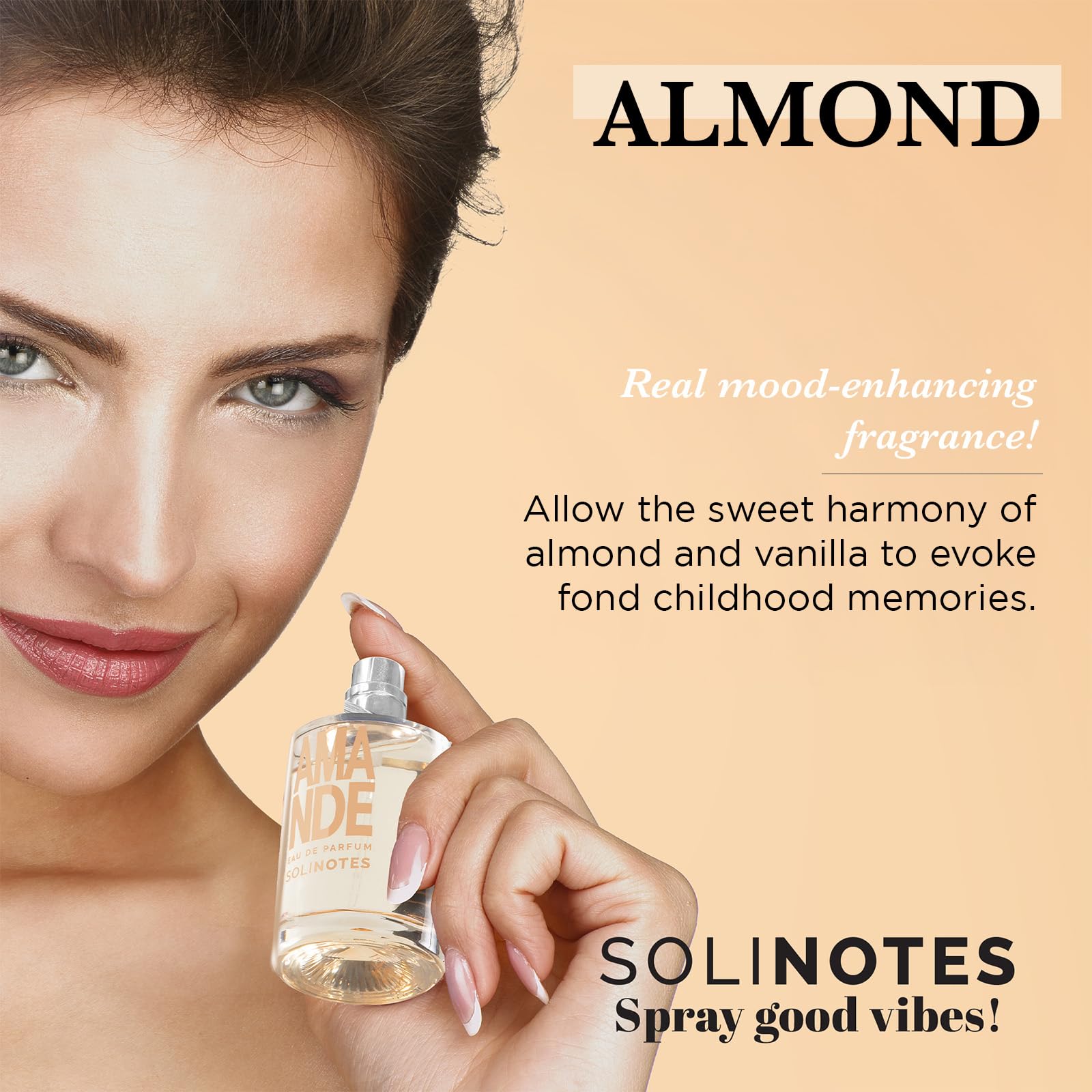 Solinotes Almond perfume label, premium branding signaling clean fragrance