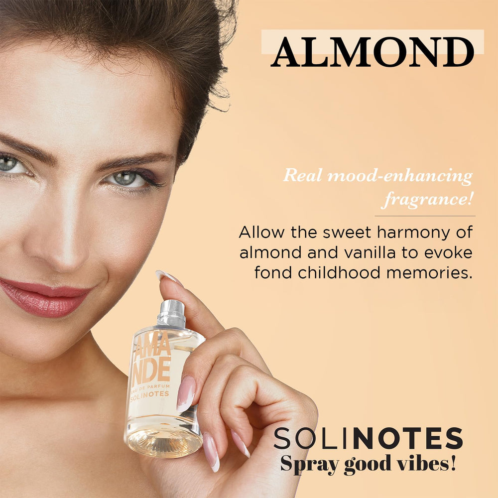 Solinotes Almond perfume label, premium branding signaling clean fragrance