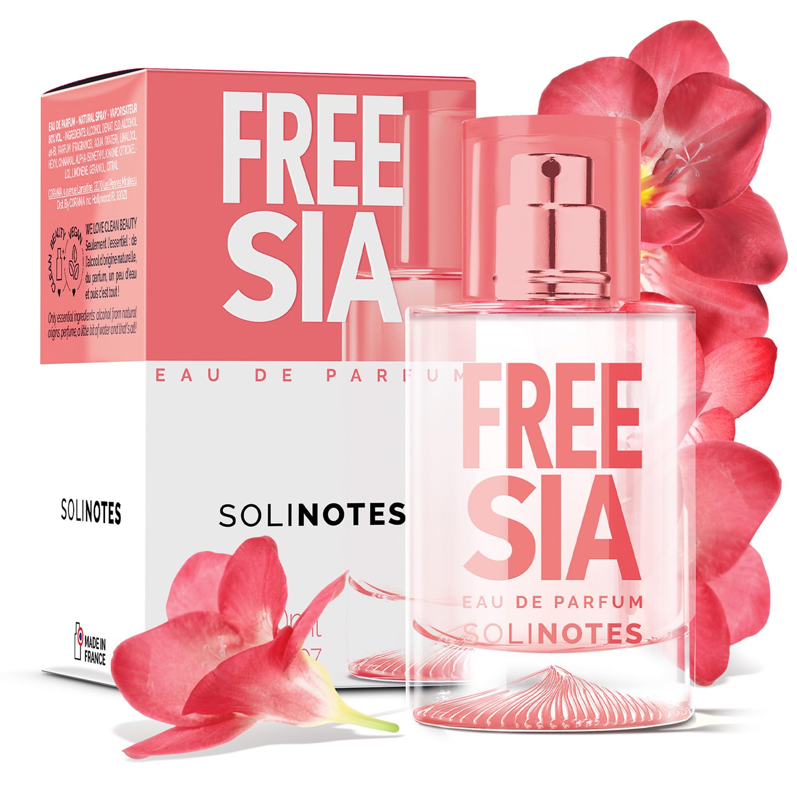 Solinotes Freesia bottle close-up showing clear glass and elegant label for daily freshness