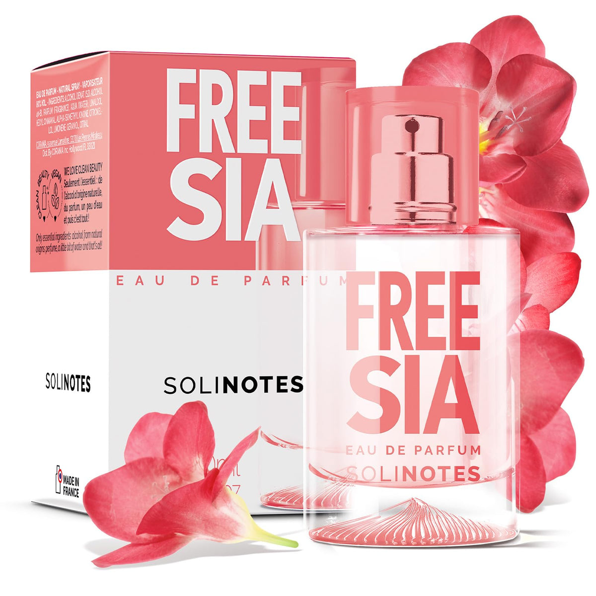 Solinotes Freesia bottle close-up showing clear glass and elegant label for daily freshness