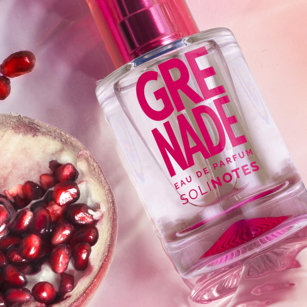 Solinotes Grenade bottle on shelf, versatile unisex fragrance for daily wear.