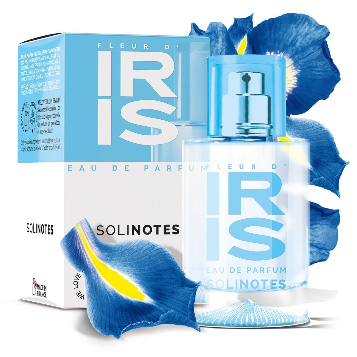 Solinotes Iris Blossom bottle on a clean surface, highlighting unisex, versatile wear.