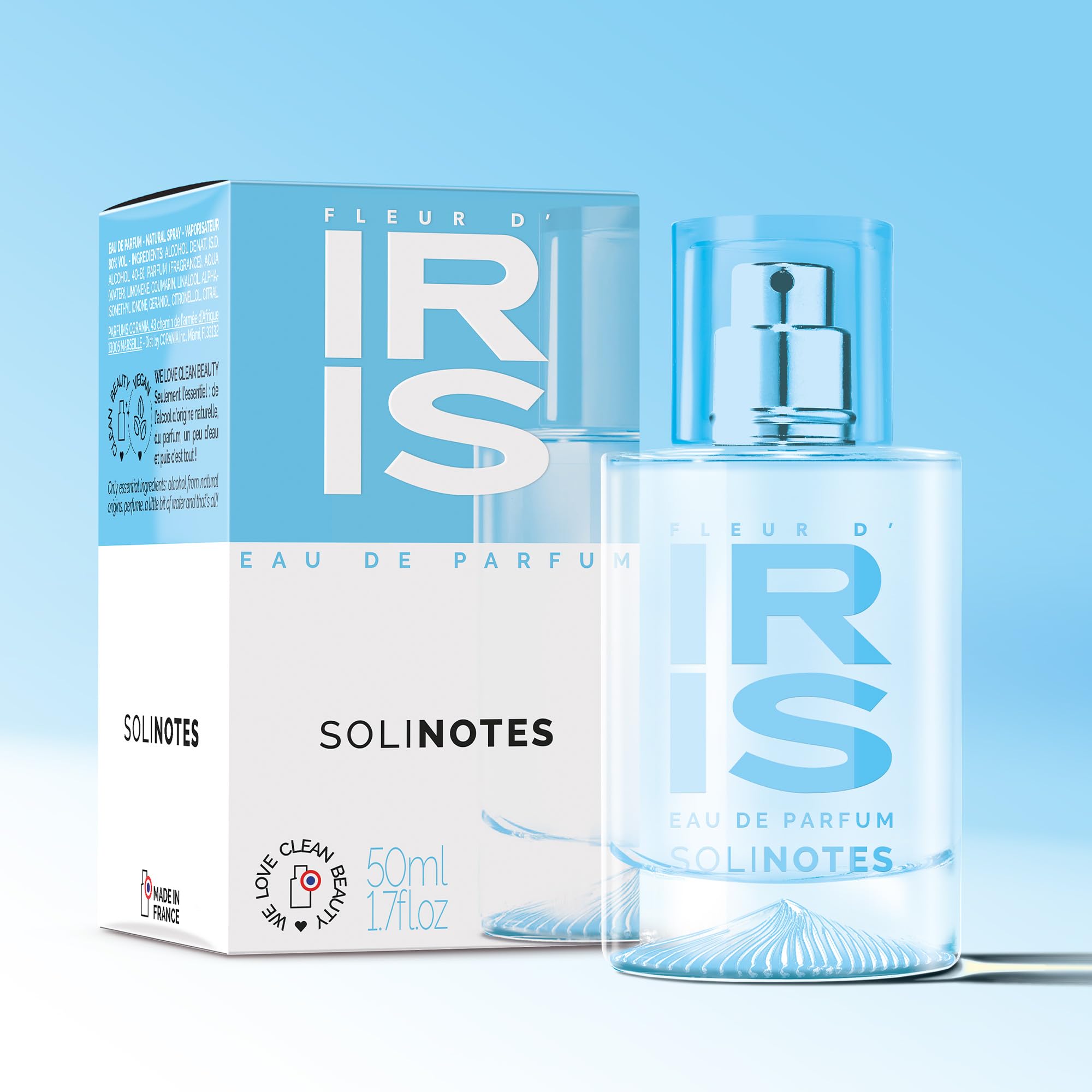 Front label of Solinotes Iris Blossom showcases a clean, cruelty-free branding message.
