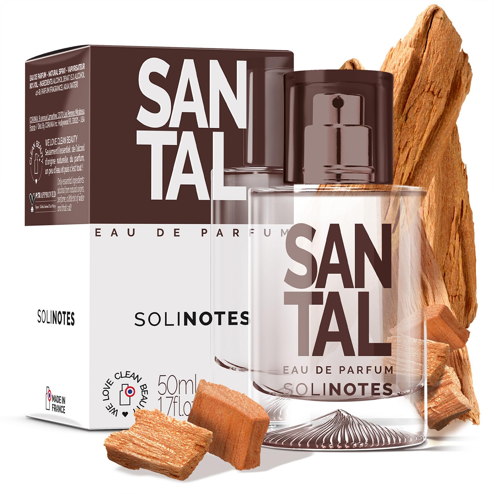 Solinotes Santal EDP bottle on a wooden surface, inviting daily wear.