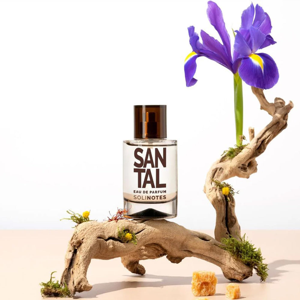 Solinotes Santal EDP bottle close-up, showcasing refined label.