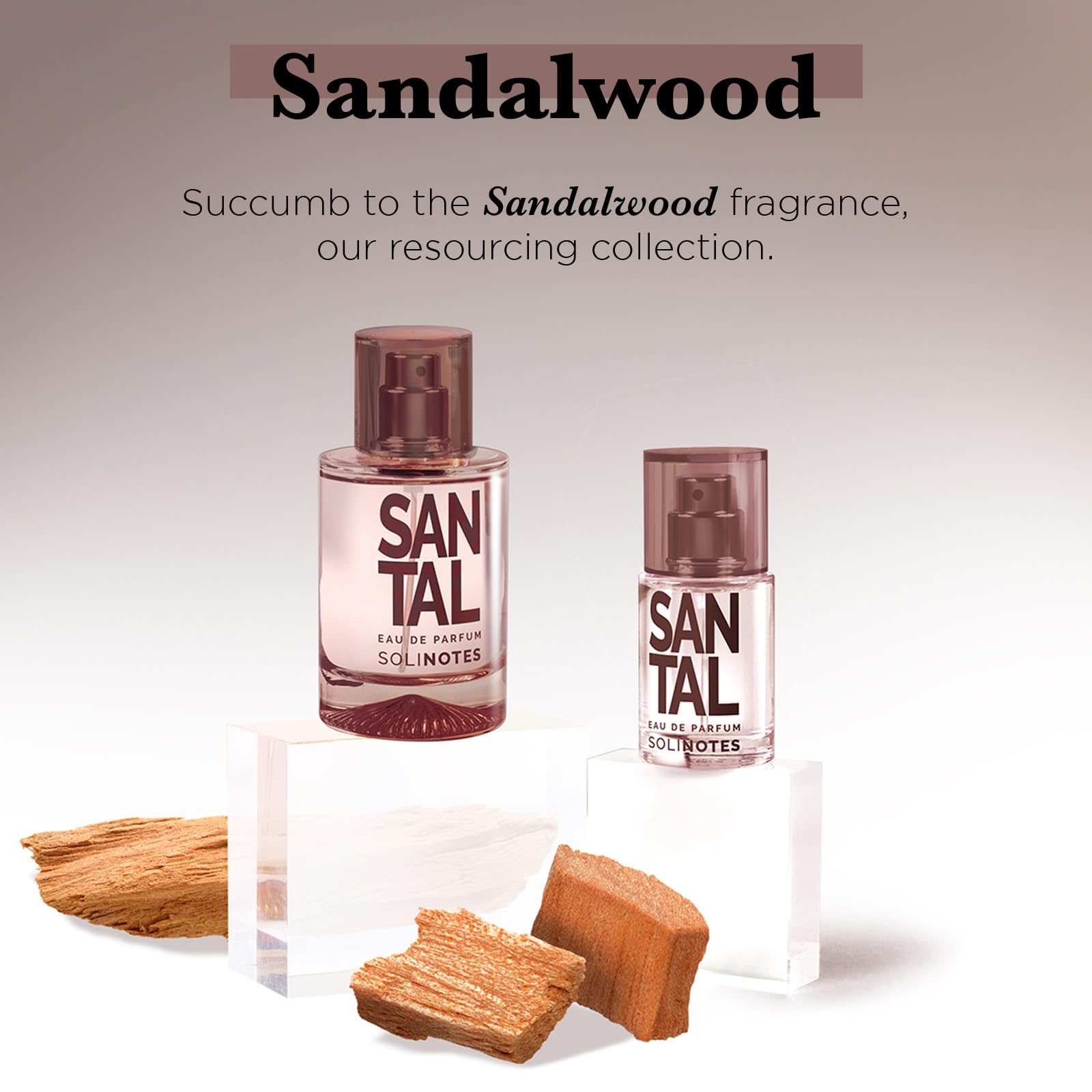 Amber-hued Solinotes Santal EDP bottle with soft lighting.