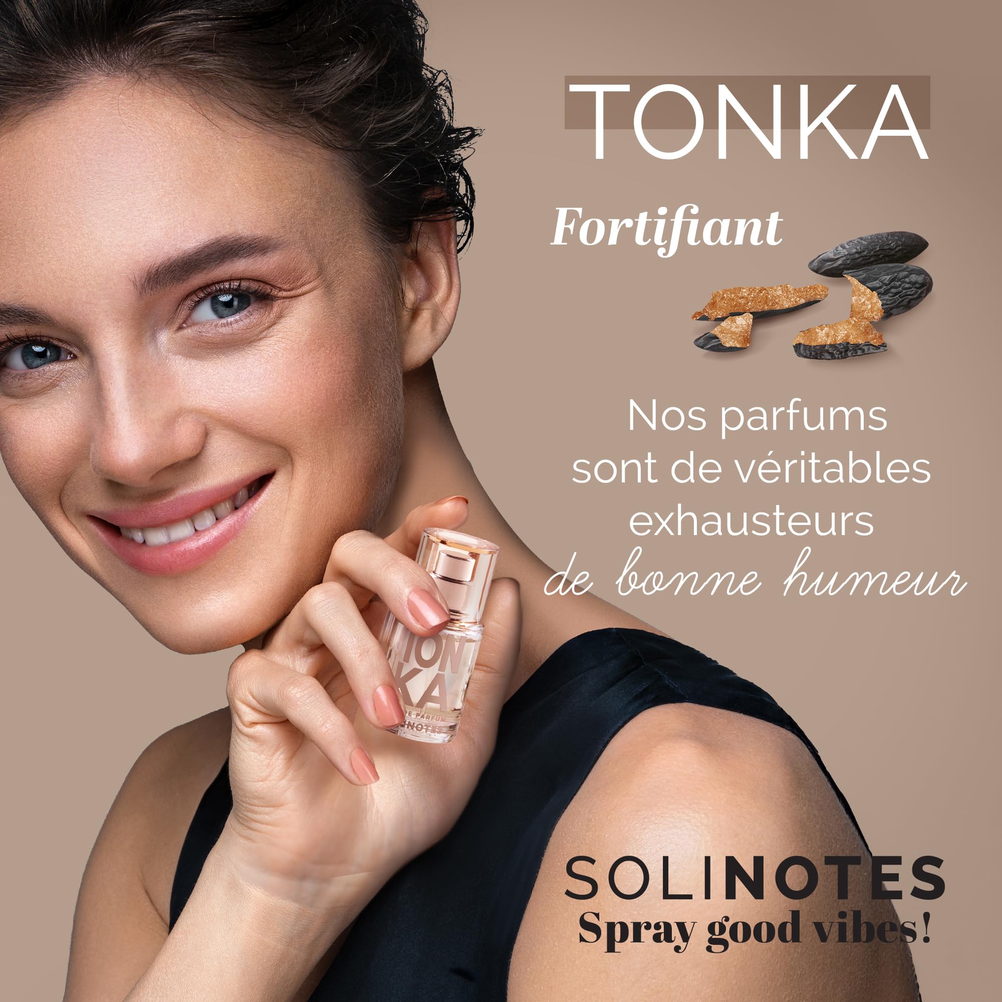 Solinotes Tonka perfume reflection in glass conveys premium fragrance quality.