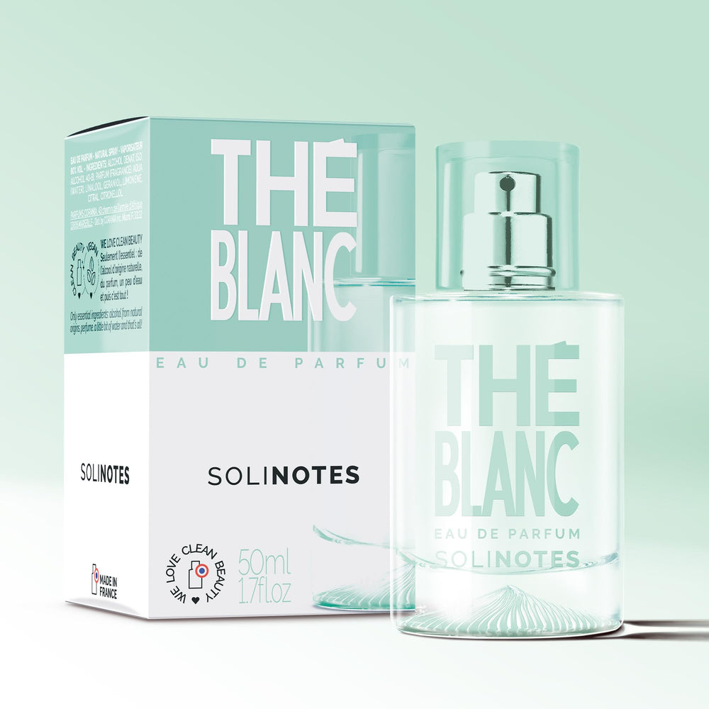 Solinotes White Tea gift box and bottle display, ideal for gifting.