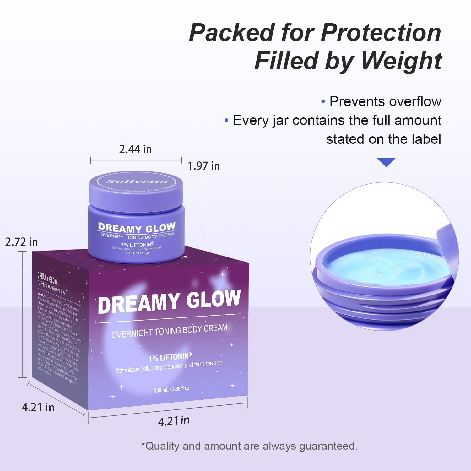 Solivetta Dreamy Glow anti-cellulite cream jar targeting texture for smoother skin.